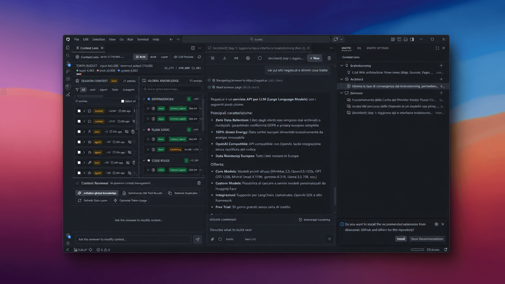 Knotic main interface with Context Lens panel and code editor